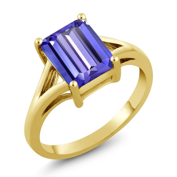 Gem Stone King 18K Yellow Gold Plated Silver Blue Tanzanite Solitaire Engagement Ring for Women (2.30 Cttw, Emerald Cut 9X7MM, Gemstone December Birthstone, Size 5)