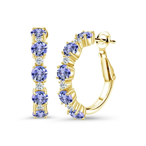 Gem Stone King 18K Yellow Gold Plated Silver Blue Tanzanite and White Topaz Hoop Earrings for Women (3.32 Cttw, Round 4MM and 1.9MM, Gemstone Birthstone 1 inch Diameter)