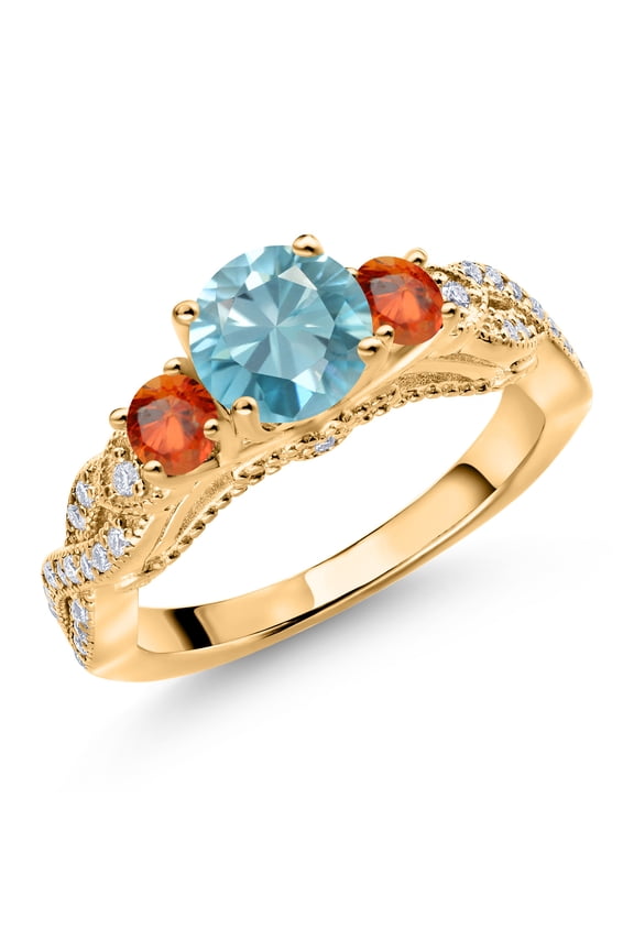 18K Yellow Gold Plated Silver Blue Zircon Orange Sapphire and White Moissanite Engagement Ring for Women (1.79 Cttw, Gemstone December Birthstone, Round 6MM and 3MM, Size 6)