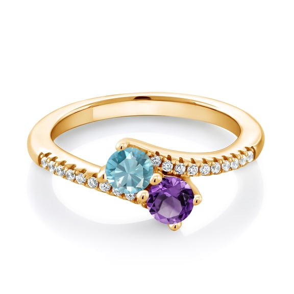 Gem Stone King 18K Yellow Gold Plated Silver Blue Zircon and Purple Amethyst Bypass Ring for Women 0.99 Cttw, Gemstone December Birthstone, Round 4MM (Size 5)