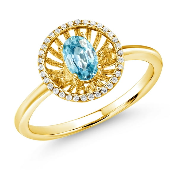 Gem Stone King 18K Yellow Gold Plated Silver Blue Zircon Ring for Women (1.13 Cttw, Oval 6X4MM, Gemstone December Birthstone, Size 7)