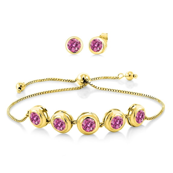Gem Stone King 18K Yellow Gold Plated Silver Bracelet for Women Pink Round Moissanite (5.60 Cttw)
