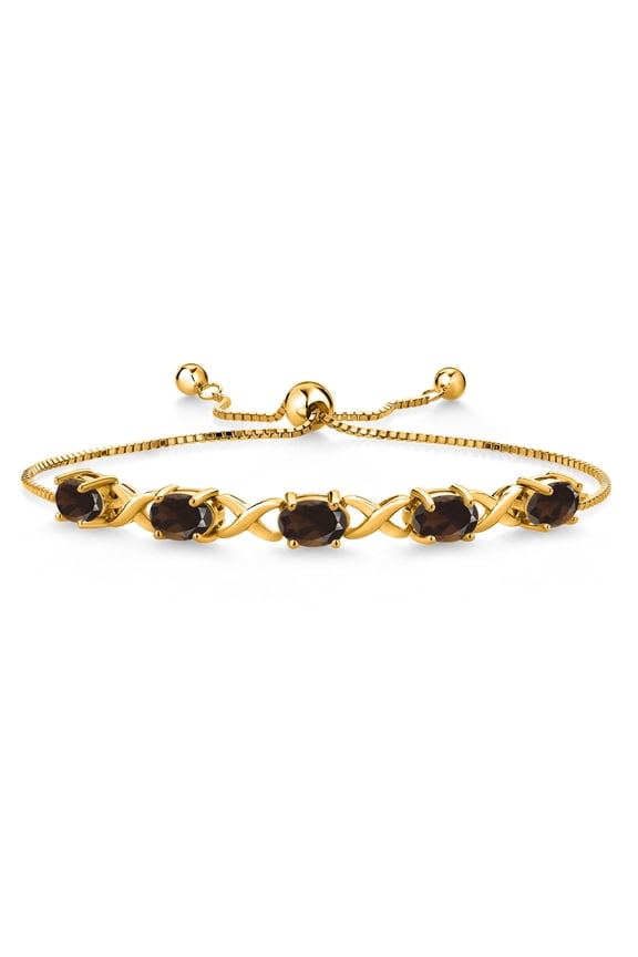 18K Yellow Gold Plated Silver Brown Smoky Quartz Bracelet for Women (3.75 Cttw, Gemstone, Oval 7X5MM, Fully Adjustable up to 9 inches)