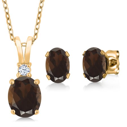 Gem Stone King 18K Yellow Gold Plated Silver Brown Smoky Quartz Pendant Earrings Set for Women | 2.75 Cttw | Gemstone Birthstone | Oval 8X6MM and 7X5MM | with 18 inch Chain