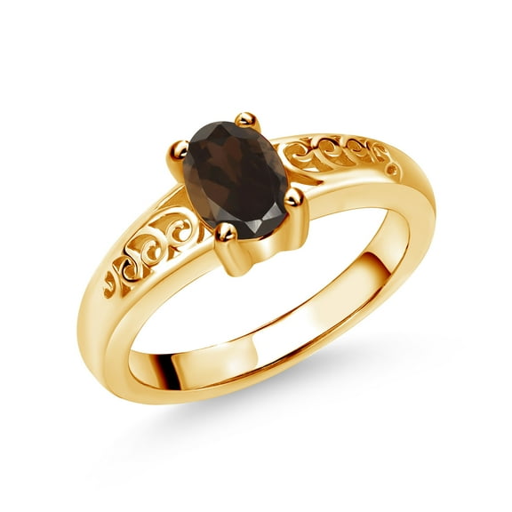 Gem Stone King 18K Yellow Gold Plated Silver Brown Smoky Quartz Ring for Women | 0.75 Cttw | Oval 7X5MM | Gemstone Birthstone | Wedding Engagement Anniversary Promise Ring for Women | Size 8