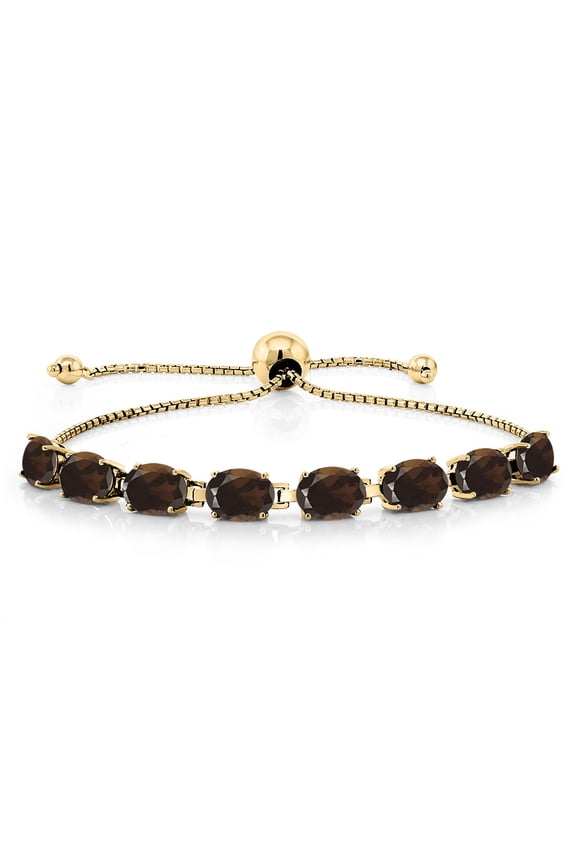 18K Yellow Gold Plated Silver Brown Smoky Quartz Tennis Bracelet for Women (6.00 Cttw, Gemstone, Oval 7X5MM, Fully Adjustable up to 9 inch)