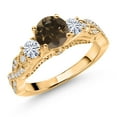 thumbnail image 1 of Gem Stone King 18K Yellow Gold Plated Silver Brown Smoky Quartz and White Moissanite Engagement Ring for Women (1.27 Cttw, Gemstone, Round 6MM and 3MM, Size 8), 1 of 4