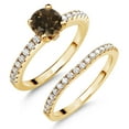 thumbnail image 1 of Gem Stone King 18K Yellow Gold Plated Silver Brown Smoky Quartz and White Moissanite Wedding Engagement Band Bridal Set Ring for Women (1.29 Cttw, Gemstone, Available in Size 5, 6, 7, 8, 9), 1 of 5