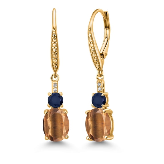 Gem Stone King 18K Yellow Gold Plated Silver Brown Tiger Eye and Blue Sapphire Dangle Earrings for Women with Lab Grown Diamond (3.73 Cttw, Oval 9X7MM)