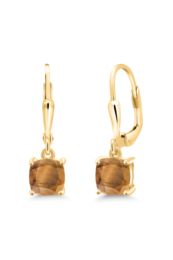 18K Yellow Gold Plated Silver Brown Tiger Eye Dangle Earrings for Women (2.00 Cttw, Gemstone Birthstone, Cushion 6MM)