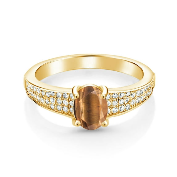Gem Stone King 18K Yellow Gold Plated Silver Brown Tiger Eye Engagement Ring for Women (1.73 Cttw, Oval 8X6MM, Gemstone Birthstone, Available in Size 5, 6, 7, 8, 9)