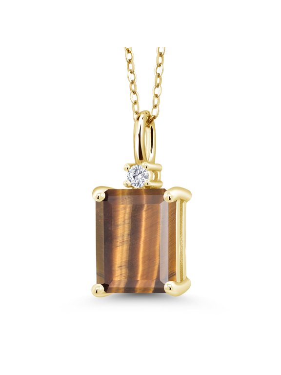 18K Yellow Gold Plated Silver Brown Tiger Eye Pendant Necklace for Women (3.03 Cttw, Gemstone Birthstone, Emerald Cut 10X8MM with 18 inch Silver Chain)