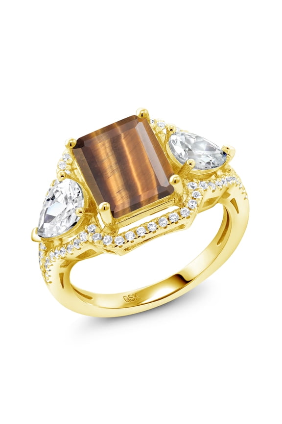 18K Yellow Gold Plated Silver Brown Tiger Eye Ring for Women (3.79 Cttw, Emerald Cut 10X8MM, Gemstone, Size 9)