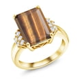 thumbnail image 1 of Gem Stone King 18K Yellow Gold Plated Silver Brown Tiger Eye Ring for Women (6.80 Cttw, Gemstone Birthstone, Emerald Cut 14X10MM, Available in Size 5, 6, 7, 8, 9), 1 of 5