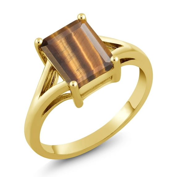 Gem Stone King 18K Yellow Gold Plated Silver Brown Tiger Eye Solitaire Engagement Ring for Women (2.00 Cttw, Emerald Cut 9X7MM, Gemstone Birthstone, Available in Size 5,6,7,8,9)
