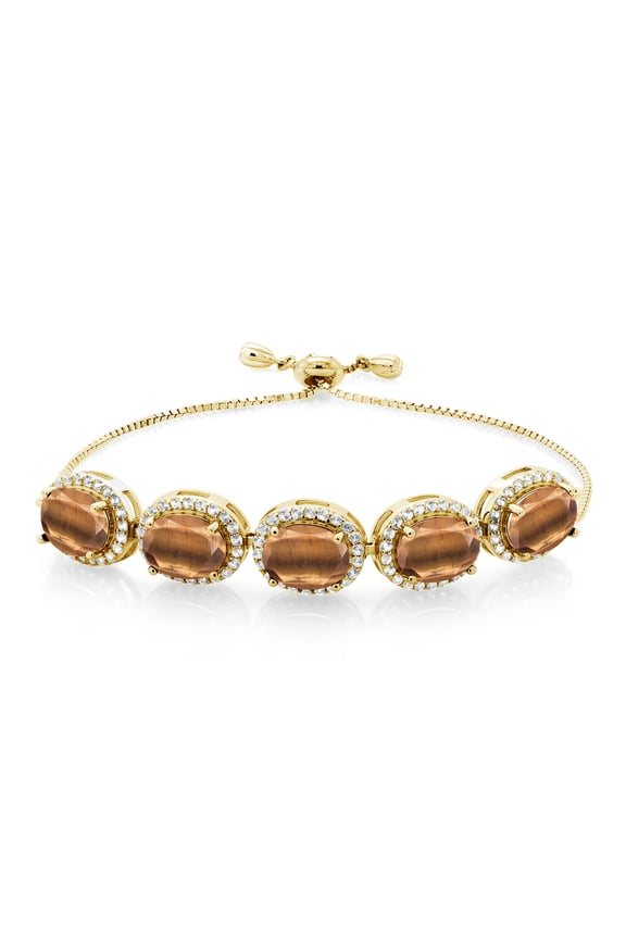 18K Yellow Gold Plated Silver Brown Tiger Eye Tennis Bracelet for Women (8.55 Cttw, Oval 9X7MM, Gemstone Birthstone, Fully Adjustable up to 9 inch)