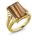 thumbnail image 1 of Gem Stone King 18K Yellow Gold Plated Silver Brown Tiger Eye and White Created Sapphire Engagement Ring for Women (6.53 Cttw, Gemstone Birthstone, Emerald Cut 14X10MM, Size 6), 1 of 5