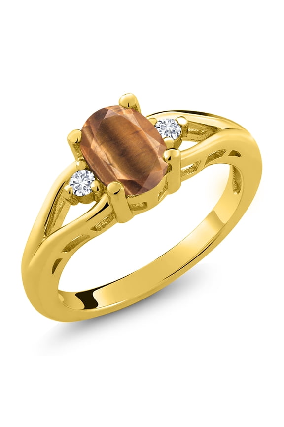 18K Yellow Gold Plated Silver Brown Tiger Eye and White Lab Grown Diamond 3 Stone Engagement Ring for Women | 1.33 Cttw | Oval 8X6MM | Round 2MM | Gemstone Birthstone | Size 8