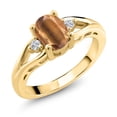 thumbnail image 1 of Gem Stone King 18K Yellow Gold Plated Silver Brown Tiger Eye and White Lab Grown Diamond 3 Stone Engagement Ring for Women | 1.33 Cttw | Oval 8X6MM | Round 2MM | Gemstone Birthstone | Size 9, 1 of 6