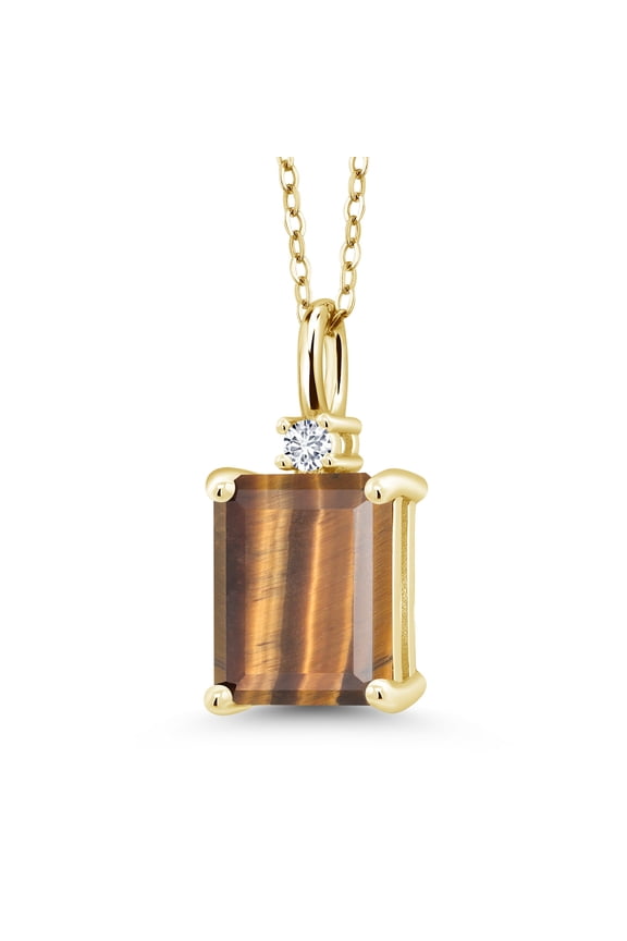 18K Yellow Gold Plated Silver Brown Tiger Eye and White Lab Grown Diamond Pendant Necklace for Women (3.04 Cttw, Gemstone Birthstone, Emerald Cut 10X8MM with 18 inch Silver Chain)