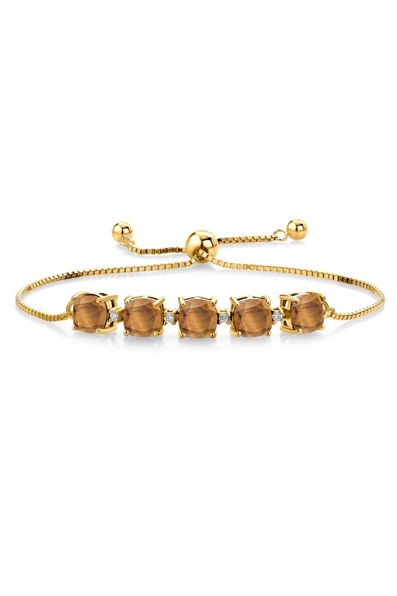 18K Yellow Gold Plated Silver Brown Tiger Eye and White Lab Grown Diamond Tennis Bracelet for Women (5.06 Cttw, Cushion 6MM, Gemstone Birthstone, Fully Adjustable up to 9 inch)