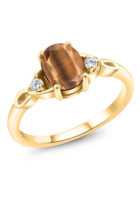 18K Yellow Gold Plated Silver Brown Tiger Eye and White Moissanite 3-Stone Rings for Women (1.33 Cttw, Gemstone, Oval 8X6MM, Available in Size 5, 6, 7, 8, 9)