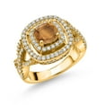 thumbnail image 1 of Gem Stone King 18K Yellow Gold Plated Silver Brown Tiger Eye and White Moissanite Ring for Women (1.91 Cttw, Gemstone Birthstone, Cushion Cut 6MM, Available in Size 5, 6, 7, 8, 9), 1 of 4