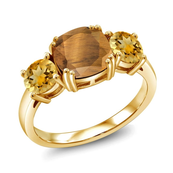 Gem Stone King 18K Yellow Gold Plated Silver Brown Tiger Eye and Yellow Citrine 3 Stone Engagement Ring for Women (3.45 Cttw, Gemstone, Cushion 8MM, Size 9)