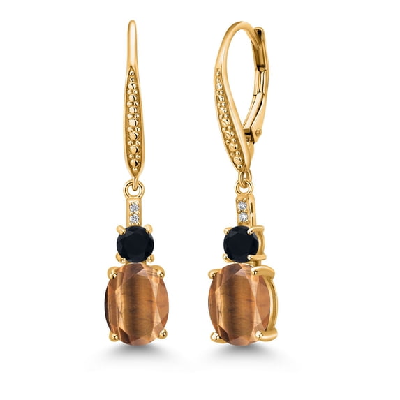 Gem Stone King 18K Yellow Gold Plated Silver Brown Tiger Eye and Black Onyx Dangle Earrings for Women with Lab Grown Diamond (3.47 Cttw, Oval 9X7MM)