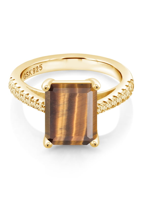 18K Yellow Gold Plated Silver Brown Tiger Eye and White Created Sapphire Women Ring (3.26 Cttw, Available in Size 5, 6, 7, 8, 9)