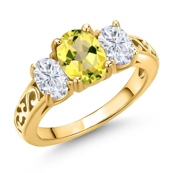Gem Stone King 18K Yellow Gold Plated Silver Canary Mystic Topaz and White Moissanite Filigree Style 3 Stone Ring for Women (2.56 Cttw, Oval 8X6MM and 6X4MM) (Size 6)