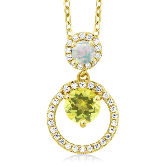 Gem Stone King 18K Yellow Gold Plated Silver Canary Mystic Topaz and White Simulated Opal Pendant Necklace for Women (1.85 Cttw, Gemstone, Round 6MM and 4MM)
