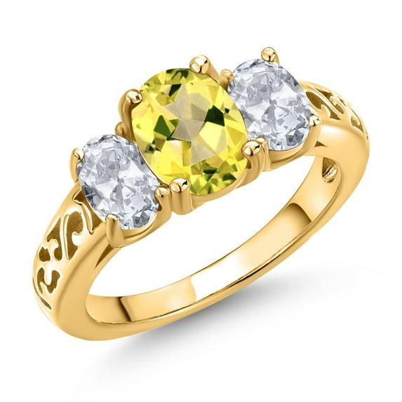 Gem Stone King 18K Yellow Gold Plated Silver Canary Mystic Topaz and White Topaz Filigree Style 3 Stone Ring for Women (2.76 Cttw, Oval 8X6MM and 6X4MM) (Size 7)