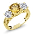 thumbnail image 1 of Gem Stone King 18K Yellow Gold Plated Silver Champagne Quartz and Lab Grown Diamond Engagement Ring for Women | 2.25 Cttw | Round 7MM | Gemstone Birthstone | Size 6, 1 of 4