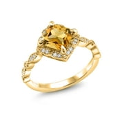 Gem Stone King 18K Yellow Gold Plated Silver Yellow Citrine and Moissanite Solitaire Ring For Women (1.74 Cttw, Cushion Cut 7MM, Gemstone, Available in Size 5, 6, 7, 8, 9)