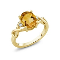 Gem Stone King 18K Yellow Gold Plated Silver Yellow Citrine and White Topaz Engagement Ring for Women | 1.55 Cttw | Oval 9X7MM | Gemstone Birthstone | Ring Size 5-9