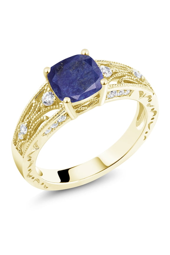 18K Yellow Gold Plated Silver Cushion Blue Lapis Ring for Women (1.16 Cttw, Size 8)