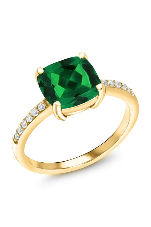 18K Yellow Gold Plated Silver Cushion Green Simulated Emerald Ring for Women (2.62 Cttw, Available in Size 5, 6, 7, 8, 9)