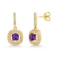 thumbnail image 1 of Gem Stone King 18K Yellow Gold Plated Silver Dangle Earrings Cushion Amethyst and Moissanite (1.63 Cttw), 1 of 3