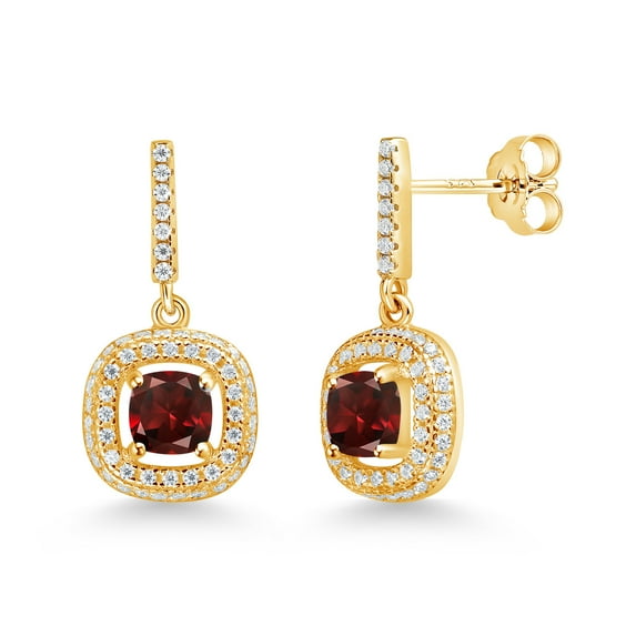 Gem Stone King 18K Yellow Gold Plated Silver Dangle Earrings Cushion Garnet and Moissanite (2.15 Cttw)