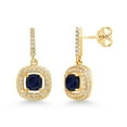 thumbnail image 1 of Gem Stone King 18K Yellow Gold Plated Silver Dangle Earrings Cushion Sapphire and Moissanite (1.95 Cttw), 1 of 3