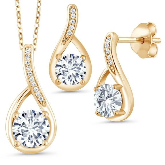 Gem Stone King 18K Yellow Gold Plated Silver Diamond Pendant and Earrings Jewelry Set with Moissanite (1.94 Cttw)