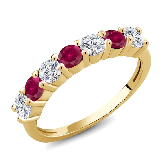 Gem Stone King 18K Yellow Gold Plated Silver E-F Lab Grown Diamond Red Created Ruby Anniversary Ring for Women (1.43 Cttw, Gemstone Birthstone, Size 5)