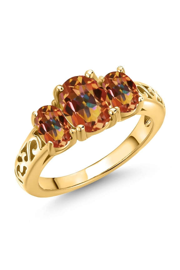 18K Yellow Gold Plated Silver Ecstasy Mystic Topaz Filigree Style 3 Stone Ring for Women (2.50 Cttw, Oval 8X6MM and 6X4MM, Size 8) (Size 8)