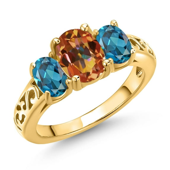 Gem Stone King 18K Yellow Gold Plated Silver Ecstasy Mystic Topaz and London Blue Topaz Filigree Style 3 Stone Ring for Women (2.70 Cttw, Oval 8X6MM and 6X4MM) (Size 5)