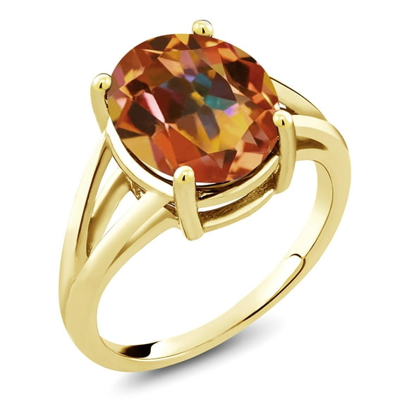 Gem Stone King 18K Yellow Gold Plated Silver Ecstasy Mystic Topaz Ring for Women (5.00 Cttw, Gemstone Birthstone, Oval 12X10MM, Available in Size 5,6,7,8,9)