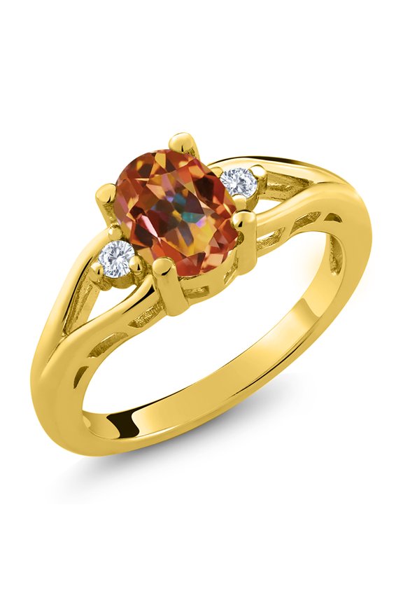 18K Yellow Gold Plated Silver Ecstasy Mystic Topaz and White Moissanite 3 Stone Engagement Ring for Women | 1.58 Cttw | Oval 8X6MM | Round 2MM | Gemstone November Birthstone | Size 7