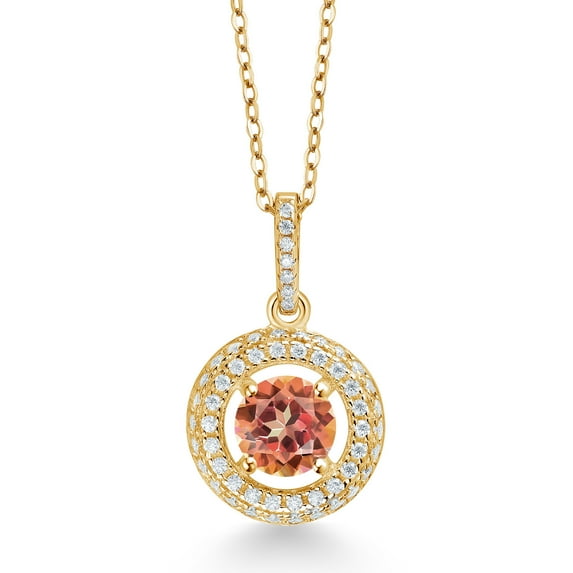 Gem Stone King 18K Yellow Gold Plated Silver Ecstasy Mystic Topaz and White Moissanite Pendant Necklace for Women (1.25 Cttw, November Birthstone, Round 6MM, 18" Silver Chain)