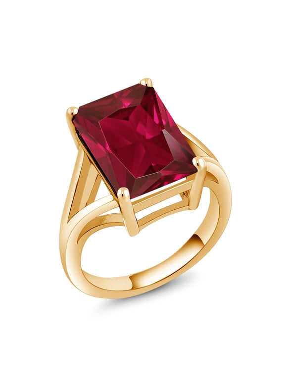 18K Yellow Gold Plated Silver Emerald Cut Created Ruby Solitaire Ring for Women (8.00 Cttw, Size 5)