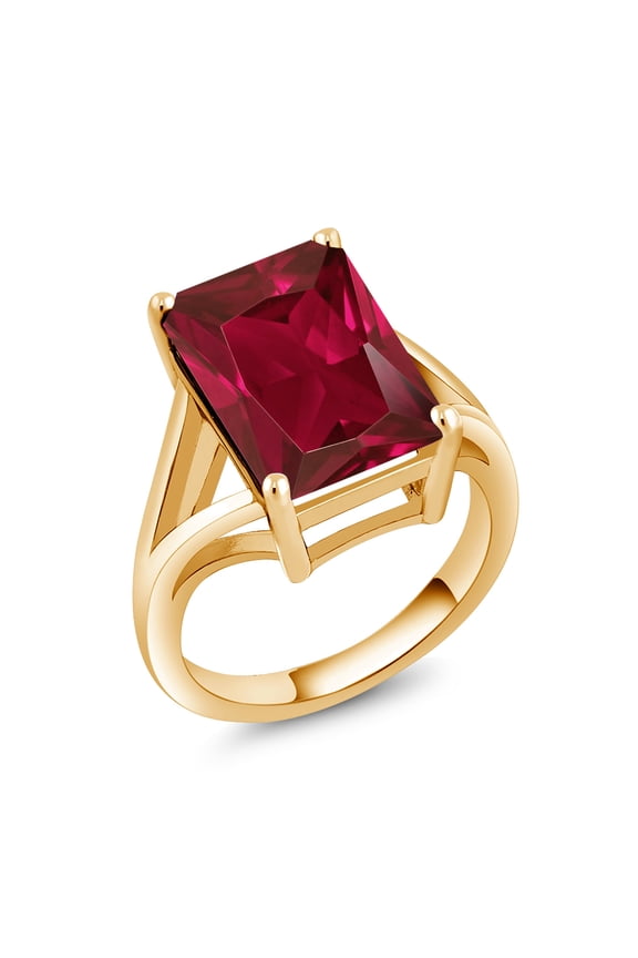 18K Yellow Gold Plated Silver Emerald Cut Created Ruby Solitaire Ring for Women (8.00 Cttw, Size 8)